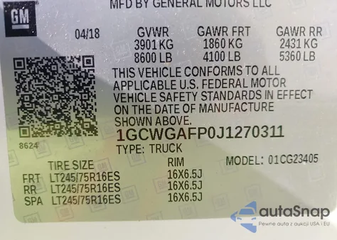 2018 Chevrolet Express 2500 Work Van z USA, uszkodzony, nr VIN 1GCWGAFP0J1270311